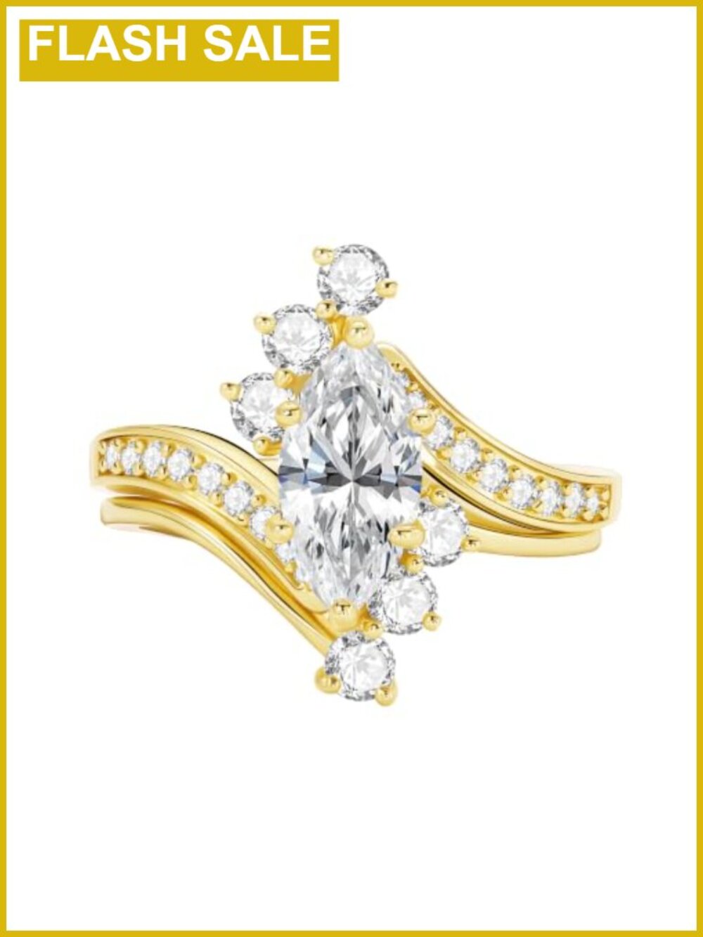 14K Gold Plated Marquise CZ Engagement Ring Set Tarnish Resistant Wedding Band